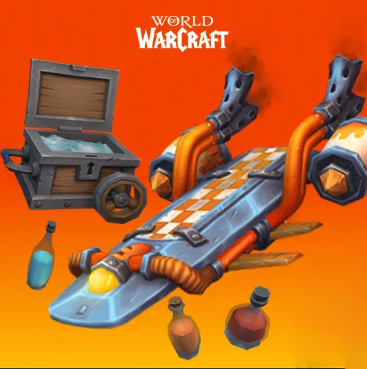 Aksesori i skejtbordit Fantastical Goblin Waveshredder, një Shishe që Ngjyroset dhe një Arkë Akulli e Lëvizshme në një sfond portokalli nën logon e World of Warcraft