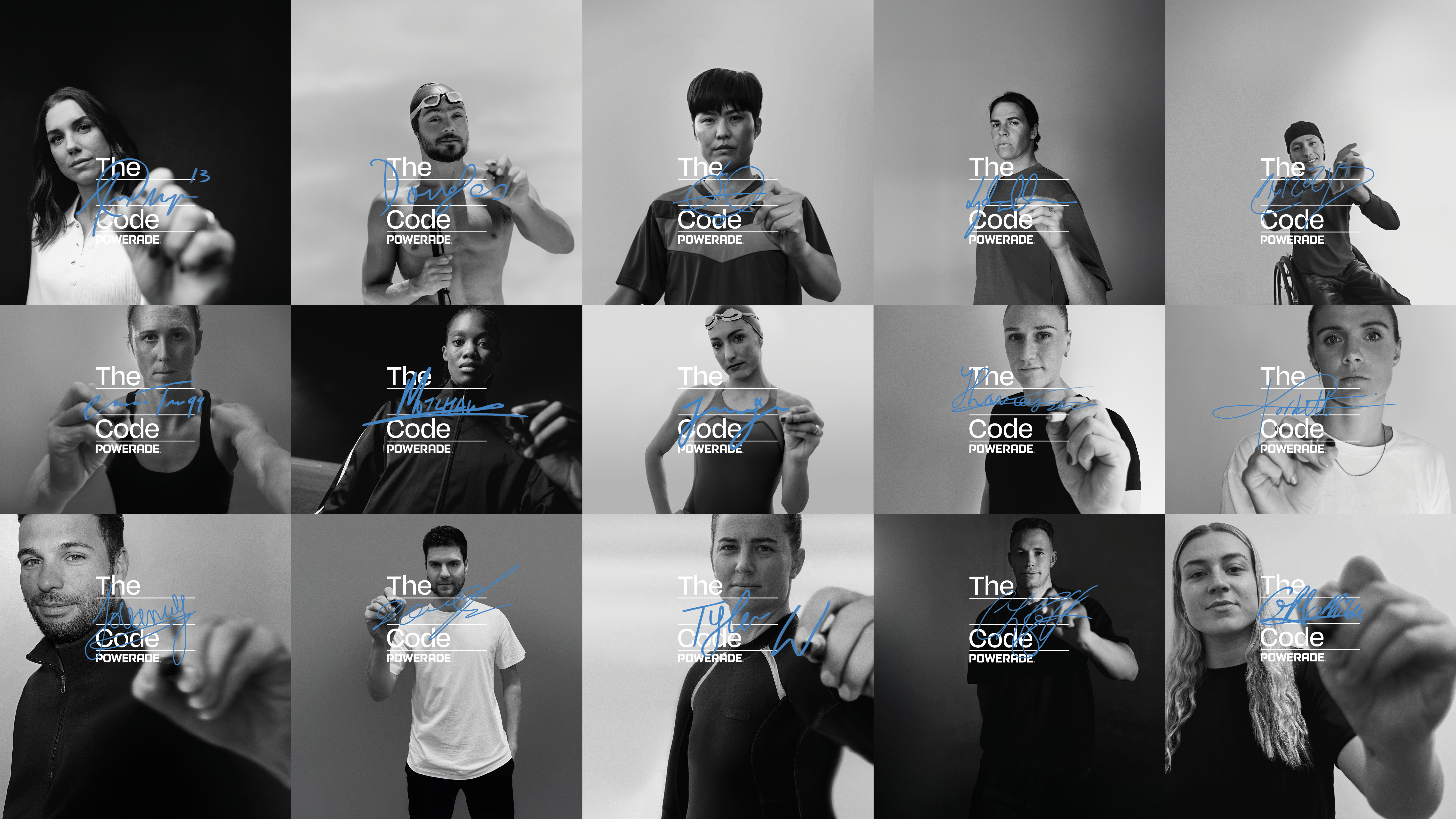 Collage de atletas en blanco y negro firmando 'The Code Powerade', mostrando determinación y enfoque, promoviendo la campaña de Powerade.