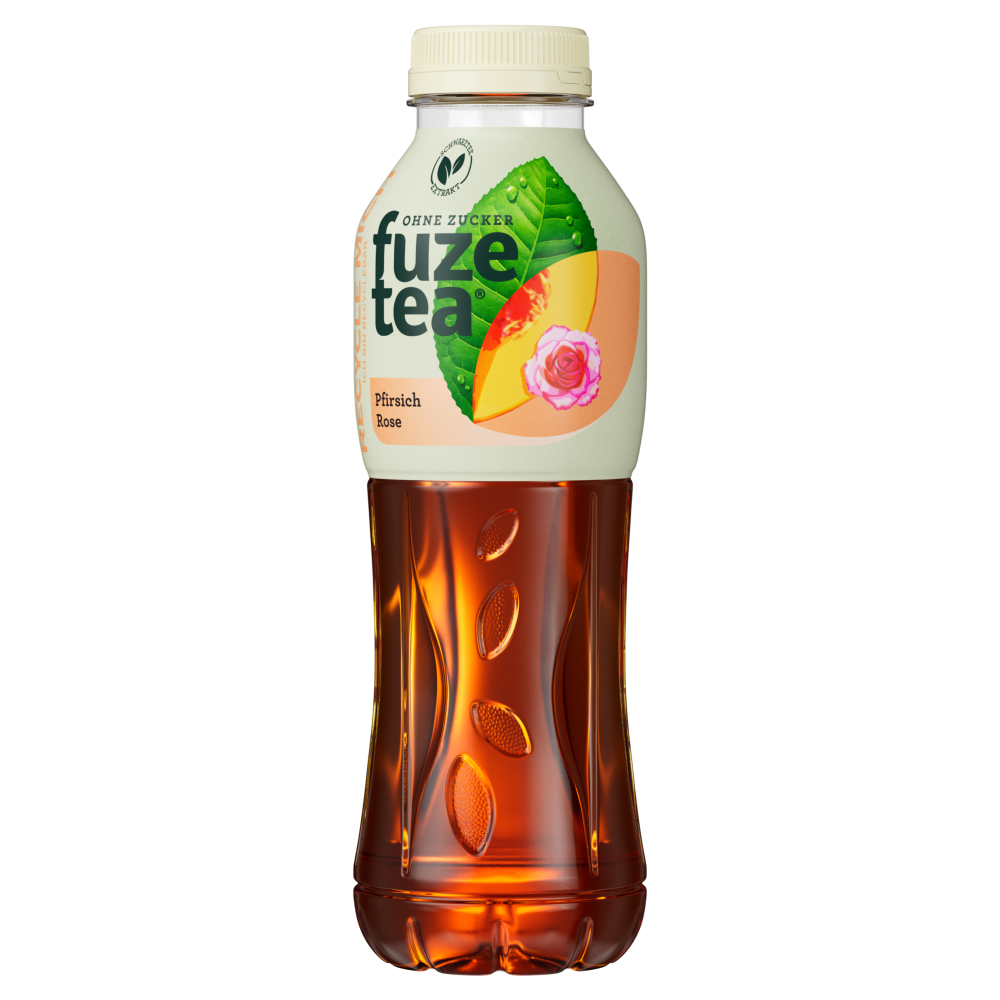 Eine Flasche FuzeTea Schwarzer Tee Pfirsich-Hibiskus Ohne Zucker