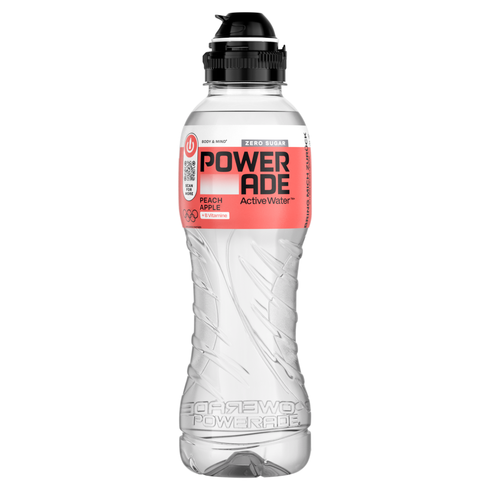Eine Flasche Powerade Active Water Pfirisch-Apfel