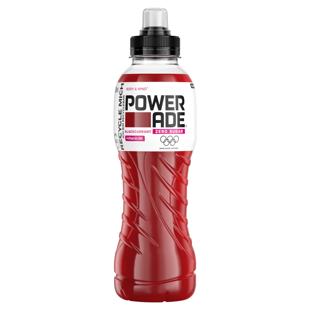 Eine Flasche Powerade Blackcurrant Zero