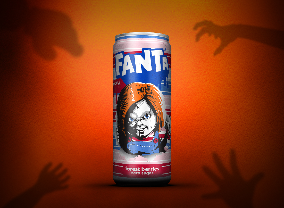 Fanta Mixed Berry Punch-Dose mit Chucky-Abbildung auf der Vorderseite