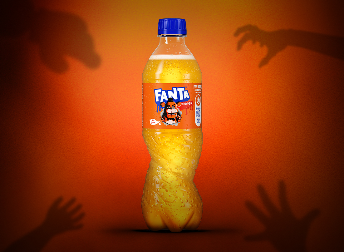Fanta Orange-Flasche mit Freddy Fazbear-Abbildung