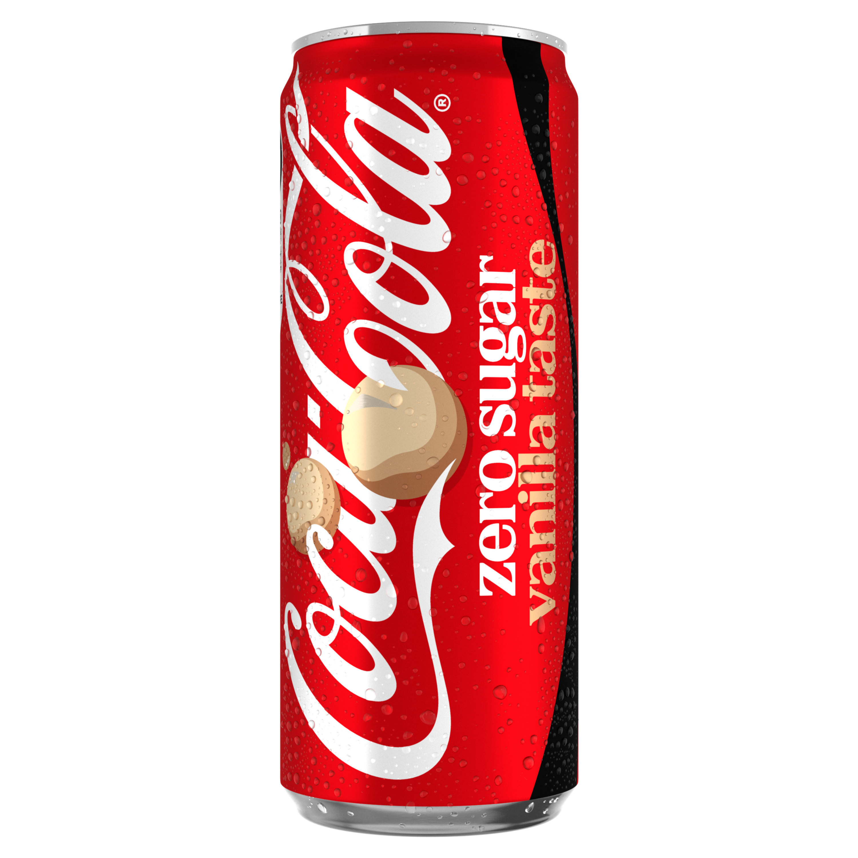 Canette rouge de Coca‑Cola Zero Sugar Vanilla Taste avec le logo Coca‑Cola blanc, des accents noirs et une illustration de fleurs de vanille, représentée debout sur un fond noir, avec des gouttelettes de condensation visibles sur la canette.