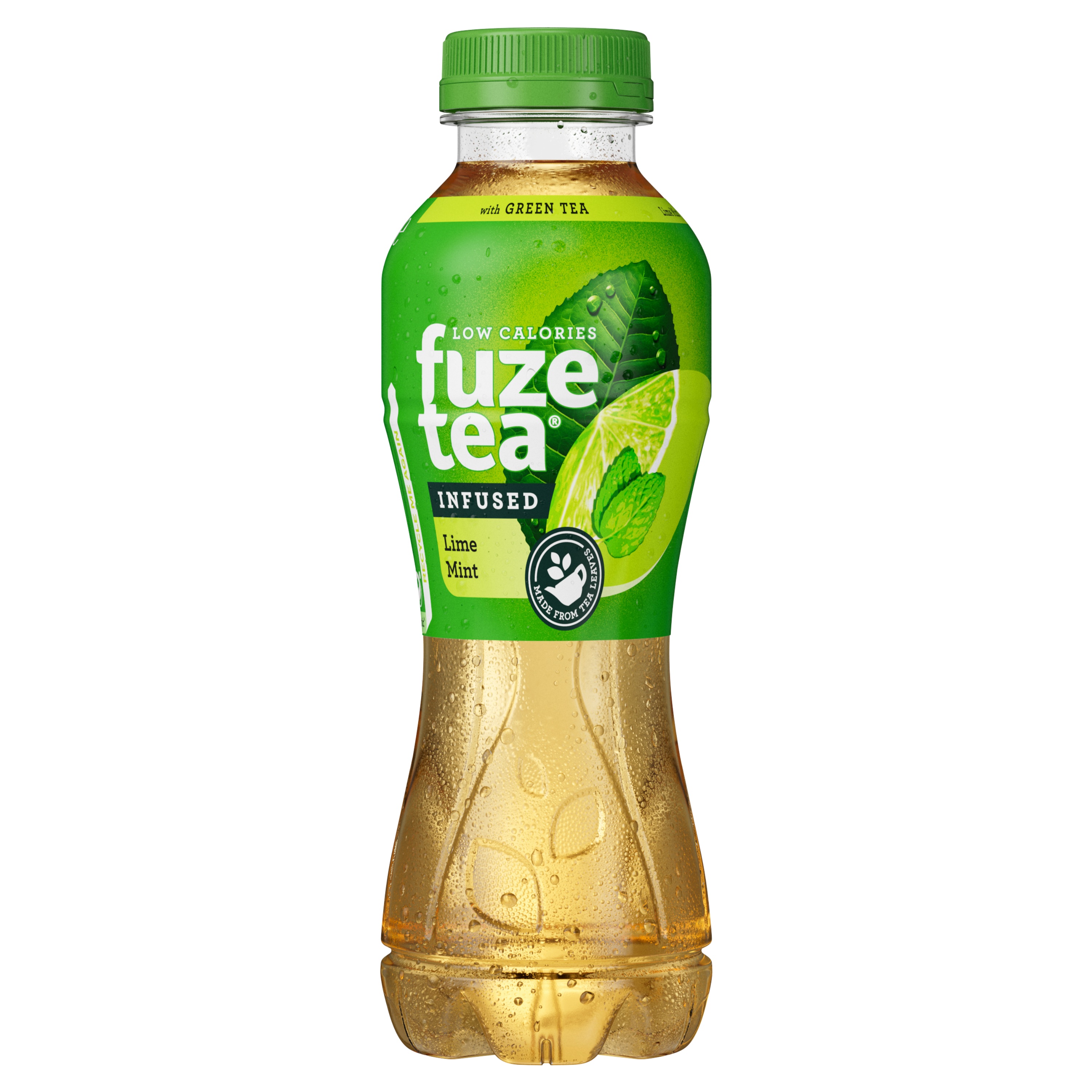 Bouteille Fuze Tea thé vert citron-menthe, étiquette verte avec quartier de citron vert et feuille de menthe, boisson dorée translucide.