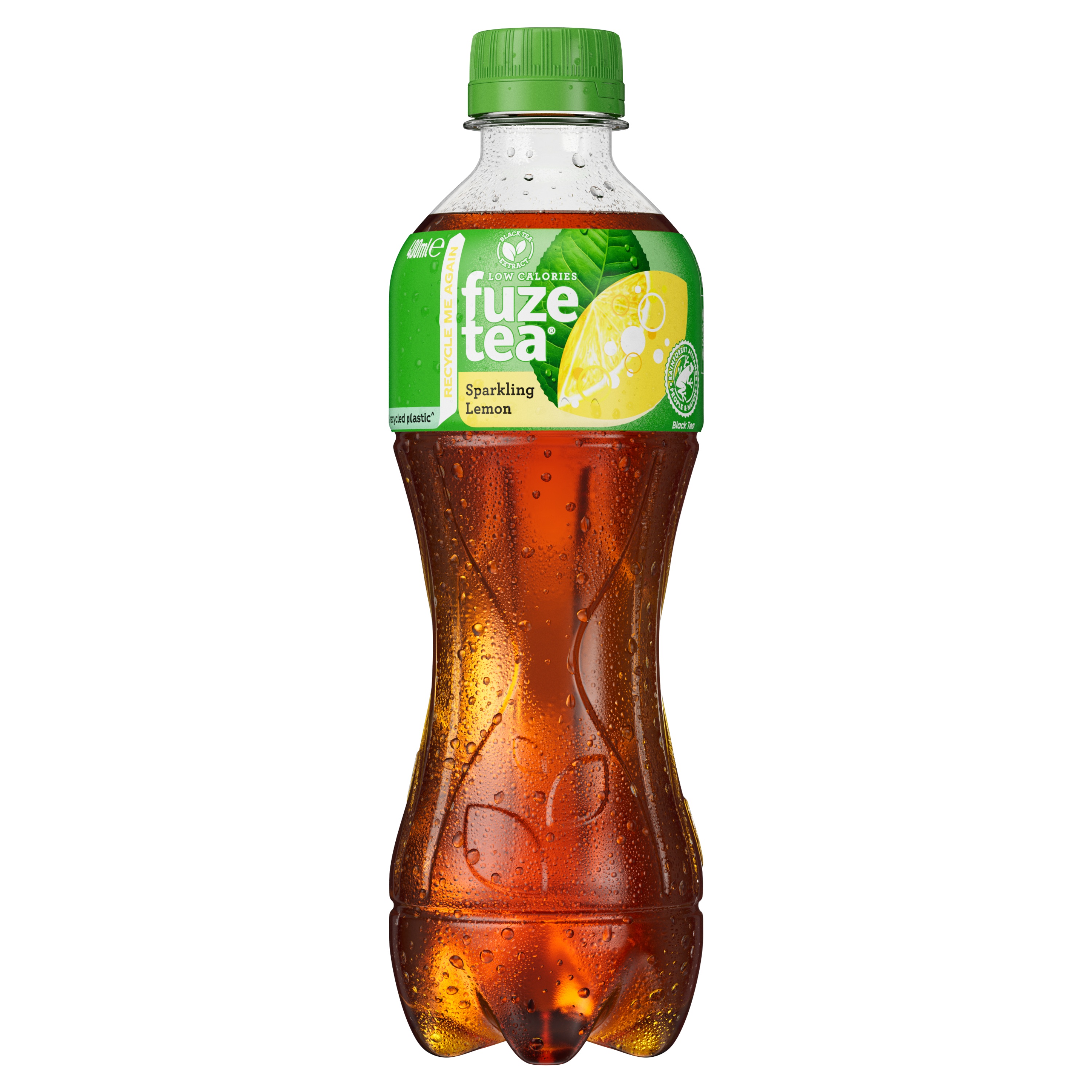Bouteille Fuze Tea pétillant au citron, étiquette verte représentant un quartier de citron et des bulles, boisson ambrée avec fines bulles visibles.