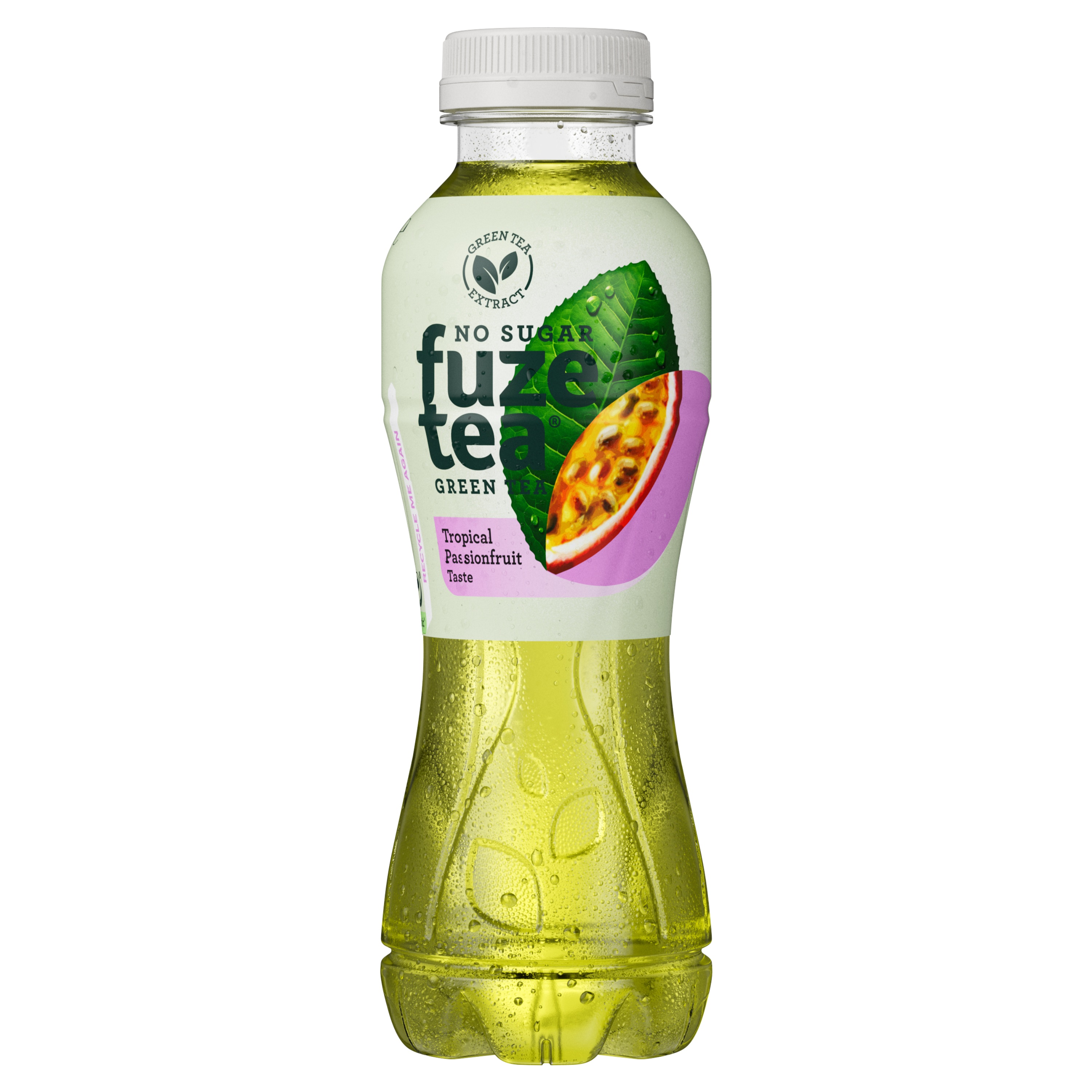 Bouteille Fuze Tea sans sucre, thé vert, goût fruit de la passion tropical. Étiquette blanche et verte avec gros plan sur un fruit de la passion et feuille verte. Liquide jaune clair.