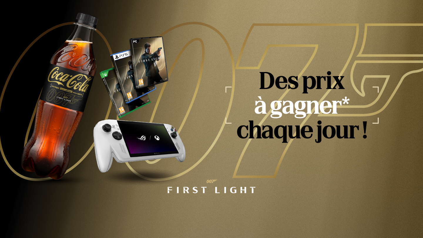 Image promotionnelle représentant une bouteille de Coca-Cola et des prix liés aux jeux vidéo, notamment des boîtiers de jeux vidéo et une console portable blanche. Le texte en français indique « Des prix à gagner chaque jour ! », avec un thème « 007 First Light » sur fond doré.