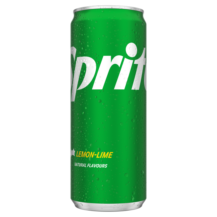 Canette verte de Sprite saveur « Lemon-Lime » avec l’inscription en lettres blanches « Sprite », et en bas, texte jaune « LEMON-LIME NATURAL FLAVOURS ». Des petites gouttelettes d’eau recouvrent la surface.