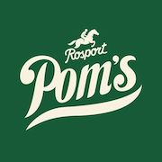  Logo vert foncé avec un petit cheval blanc au-dessus du mot "Rosport" et le mot "Pom’s" en grandes lettres blanches cursives inclinées.