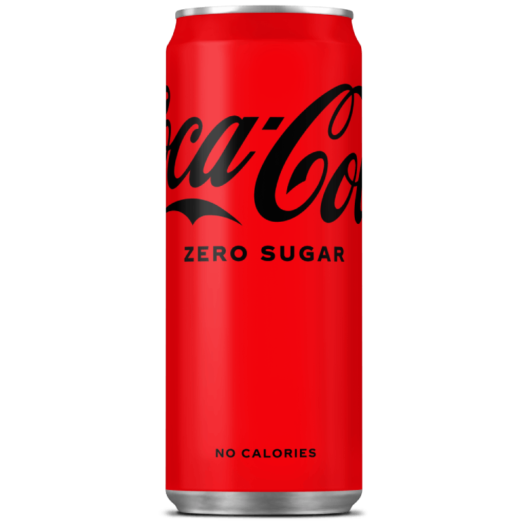 Image d’une canette rouge de Coca-Cola avec le logo « Coca-Cola » en noir, la mention « Zero Sugar » en lettres majuscules noires au centre, et le texte « No Calories » inscrit en bas.