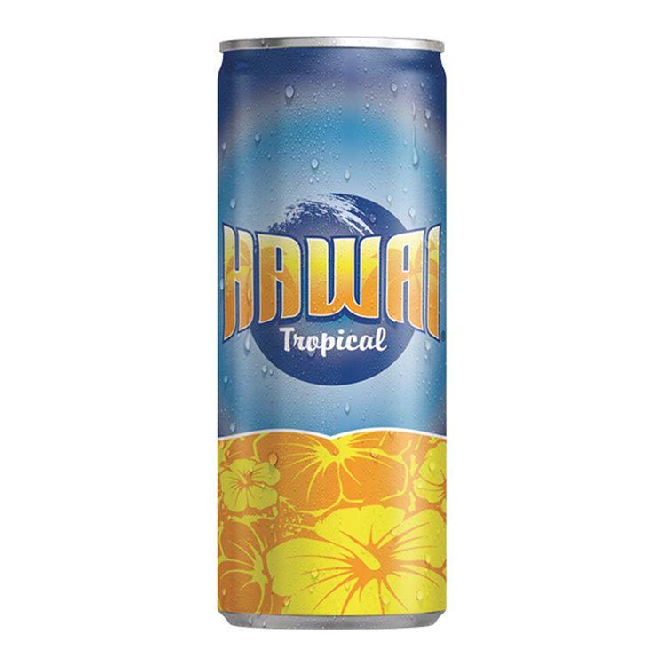 Canette « HAWAI Tropical » bleu dégradé, ornée du logo avec vague en haut et d’une bande jaune en bas décorée de grandes fleurs d’hibiscus.