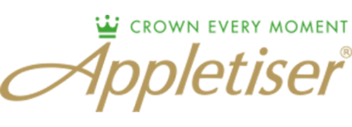 Logo sur fond blanc avec le nom "Appletiser" en lettres dorées cursives, accompagné au-dessus de la phrase "Crown Every Moment" en vert et d'une petite couronne verte.
