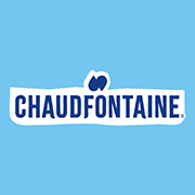 Logo sur fond bleu avec le nom "Chaudfontaine" en lettres majuscules bleues, accompagné d’un symbole en forme de goutte d’eau au-dessus.