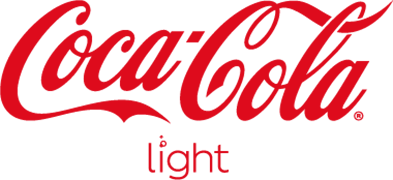 Logo rouge avec le nom "Coca-Cola" en lettres cursives blanches et le mot "light" écrit en petit en rouge sous le logo principal.