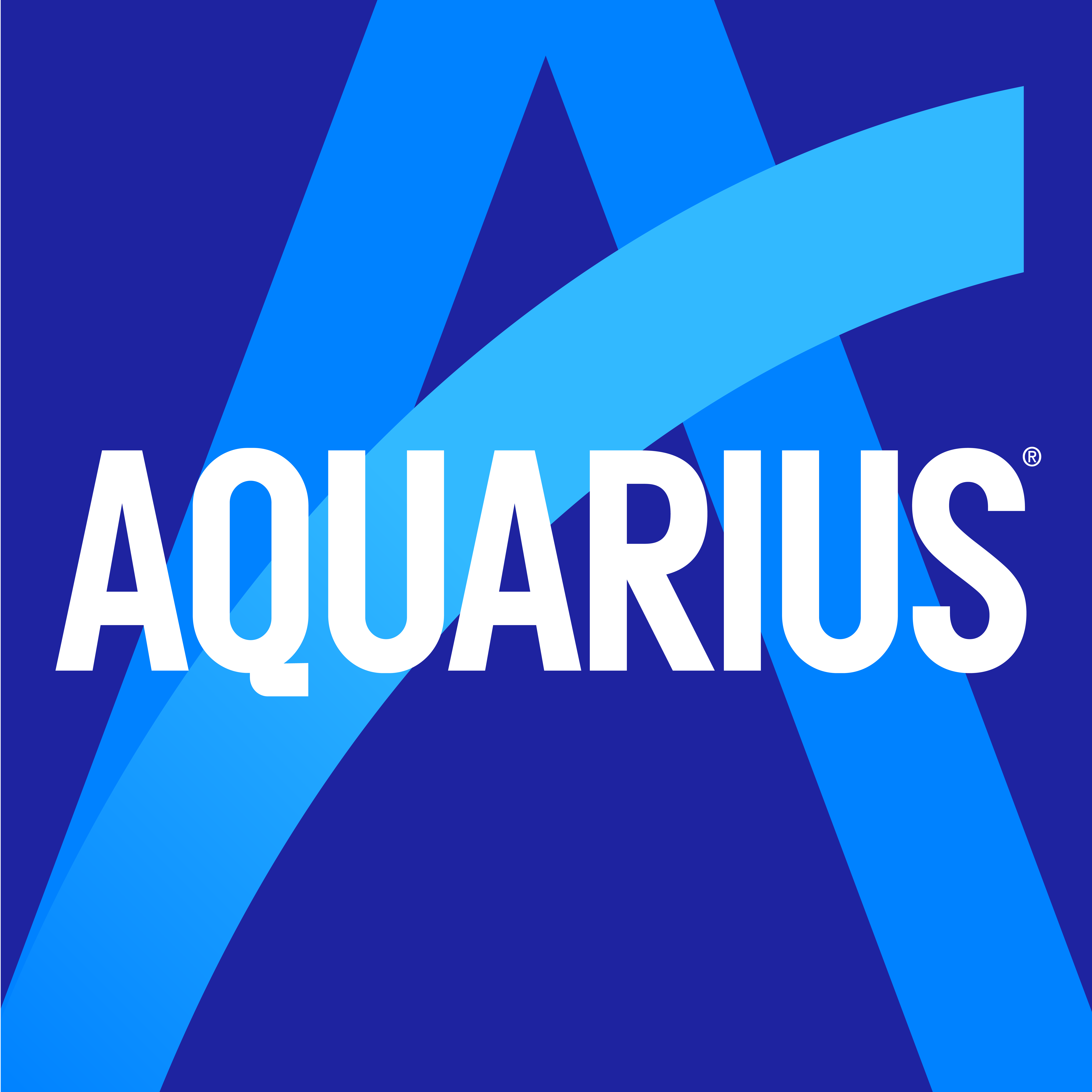 Logo op een blauwe achtergrond met een grote gestileerde "A" in lichtblauw en de naam "Aquarius" in witte hoofdletters.