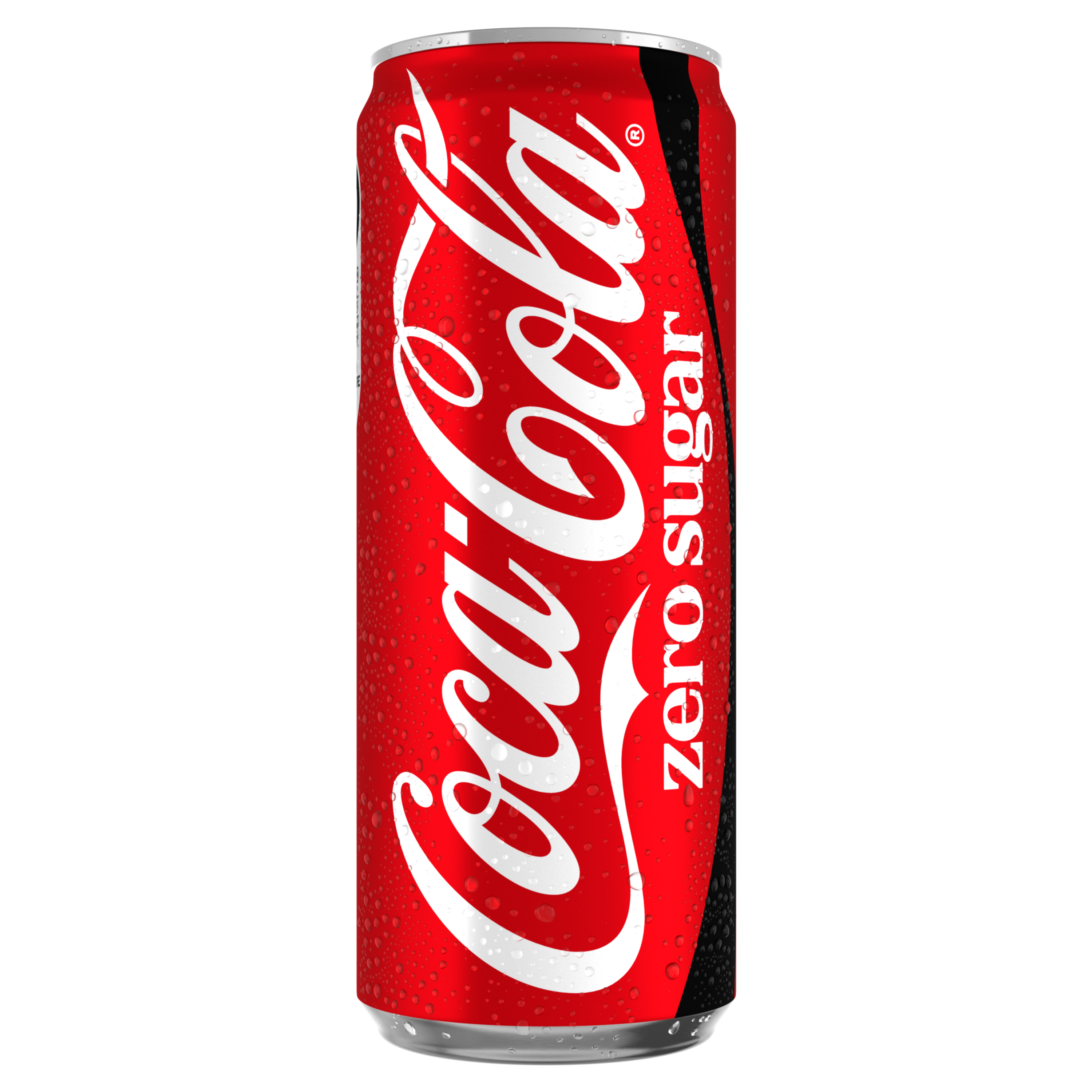 Blikje Coca-Cola Zero Sugar van 330 ml met rood design, wit Coca-Cola-logo en zwarte accenten, bedekt met waterdruppels tegen een zwarte achtergrond.