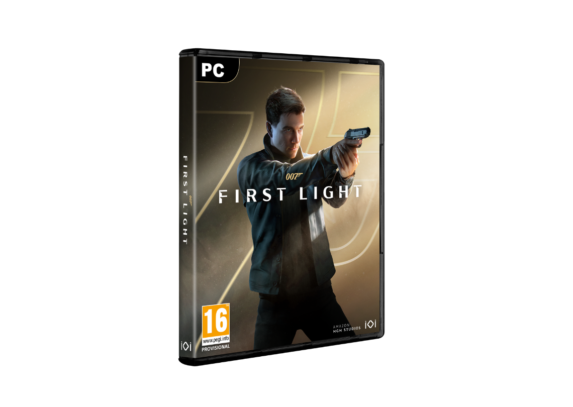 Boîtier de jeu PC de 007: First Light montrant une personne vêtue de sombre pointant un pistolet, avec le titre centré sur la couverture et une classification d’âge PEGI 16.