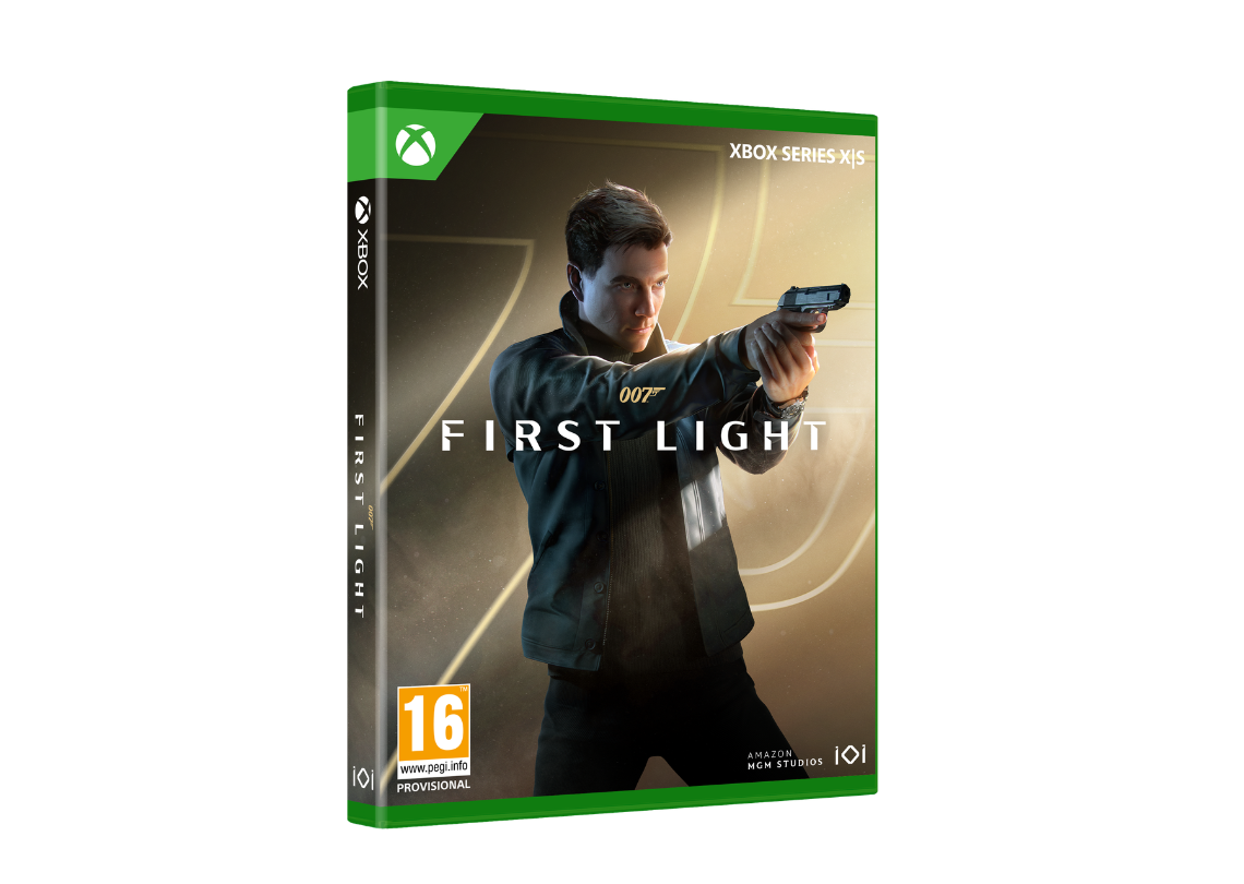 Boîtier de jeu Xbox Series X|S de 007: First Light montrant une personne vêtue de sombre pointant un pistolet, avec le titre centré sur la couverture et une classification d’âge PEGI 16.