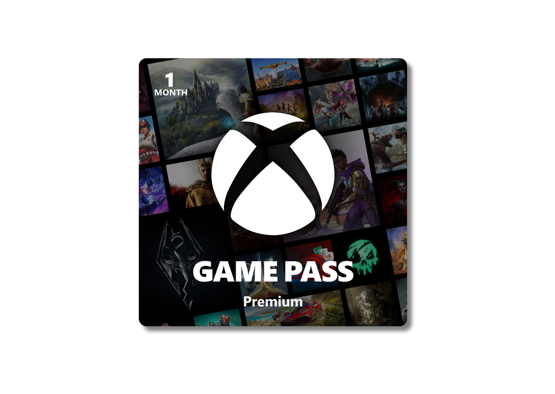 Image du Xbox Game Pass Premium avec le logo Xbox au centre et un collage d’images de jeux vidéo en arrière‑plan, incluant le texte « 1 month ».