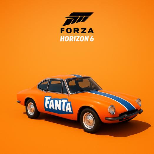 Une voiture orange, sous un logo Forza Horizon 6.