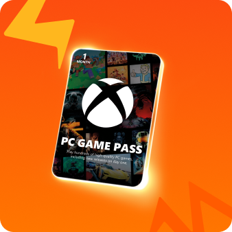 Afbeelding van een PC Game Pass‑kaart met het Xbox‑logo en de tekst “PC Game Pass”, tegen een oranje achtergrond met grafische bliksemschichtvormen.