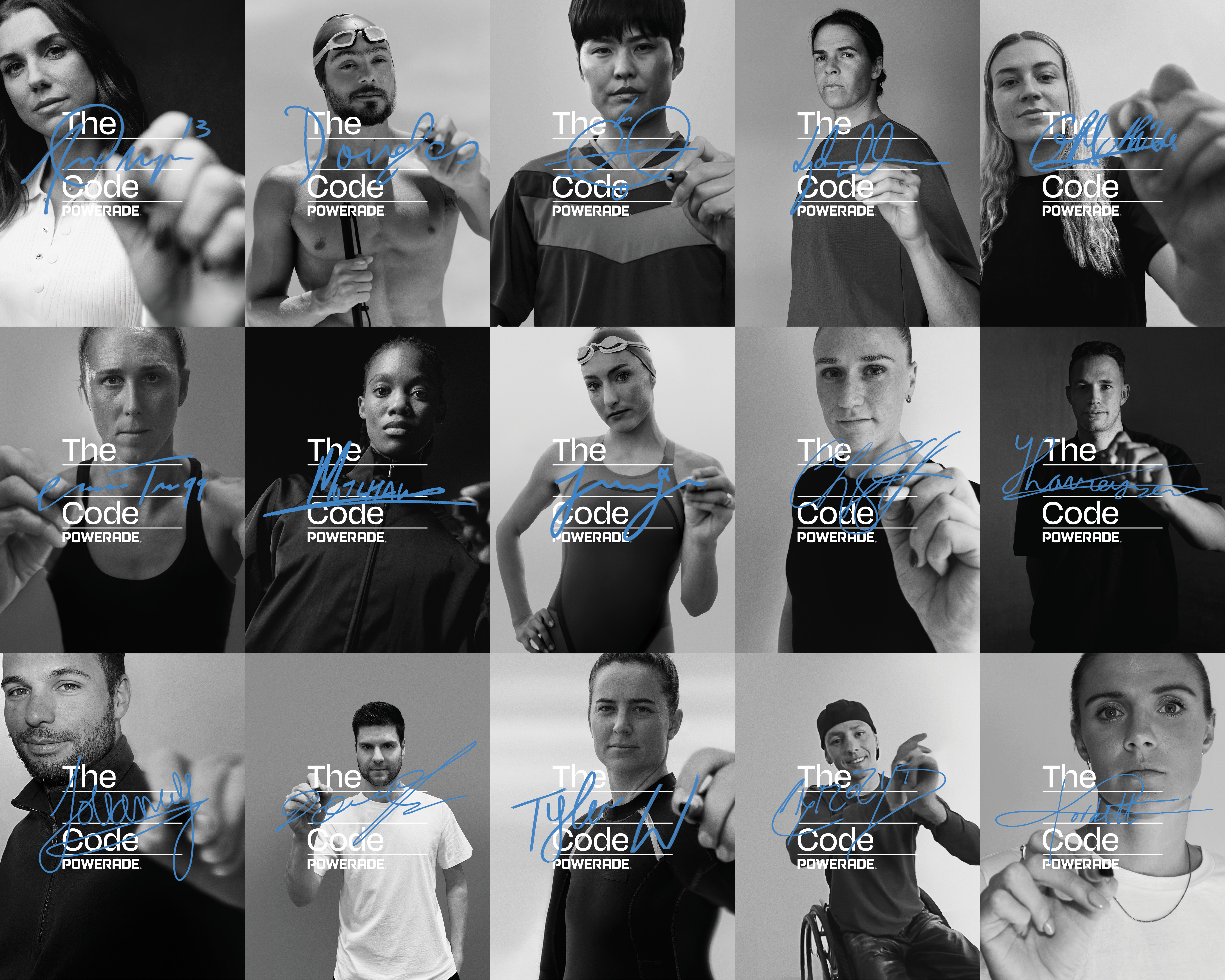 Quinze photos en noir et blanc de différents athlètes en tenue de sport tenant un stylo et signant leur nom sur chaqu image avec le texte « The [name] Code - Powerade » en lettres blanches et bleues.