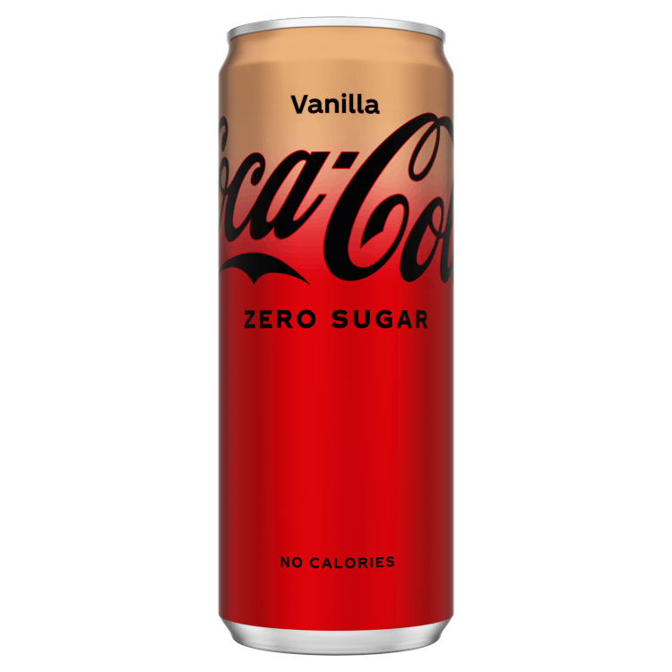 Afbeelding van een tweekleurig Coca-Cola-blik met bovenaan beige en onderaan rood. Het zwarte logo “Coca-Cola” staat erop, met bovenaan de tekst “Vanilla”, in het midden “Zero Sugar” en onderaan de woorden “No Calories”.