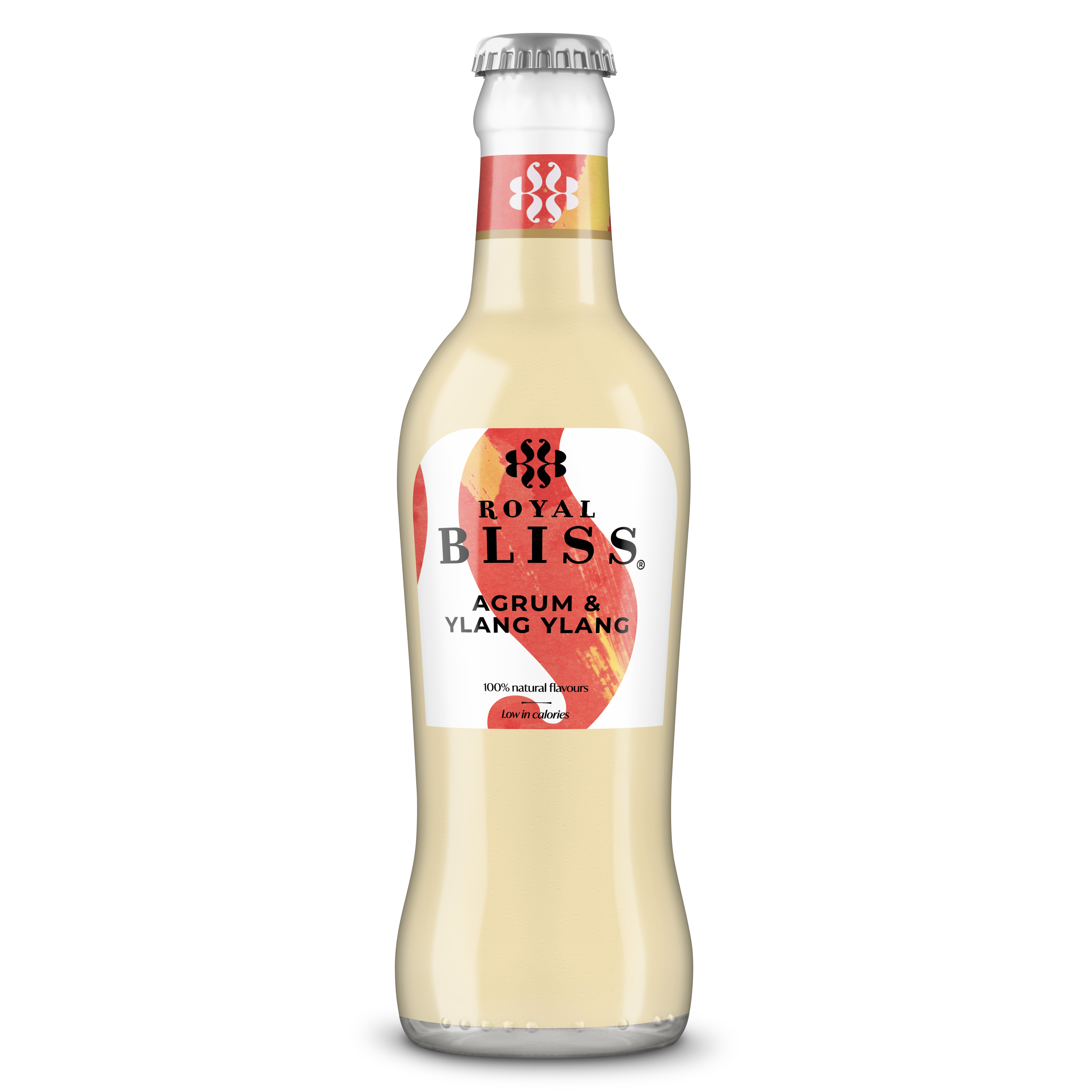Fles “Royal Bliss – Agrum & Ylang Ylang” met zeer lichtgele drank. Tekst: “Agrum & Ylang Ylang – 100% natural flavours”.