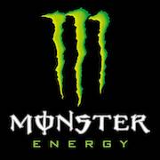 Zwart logo met drie felgroene krassen in de vorm van de letter "M", en de woorden "Monster" in wit en "Energy" in felgroen eronder.