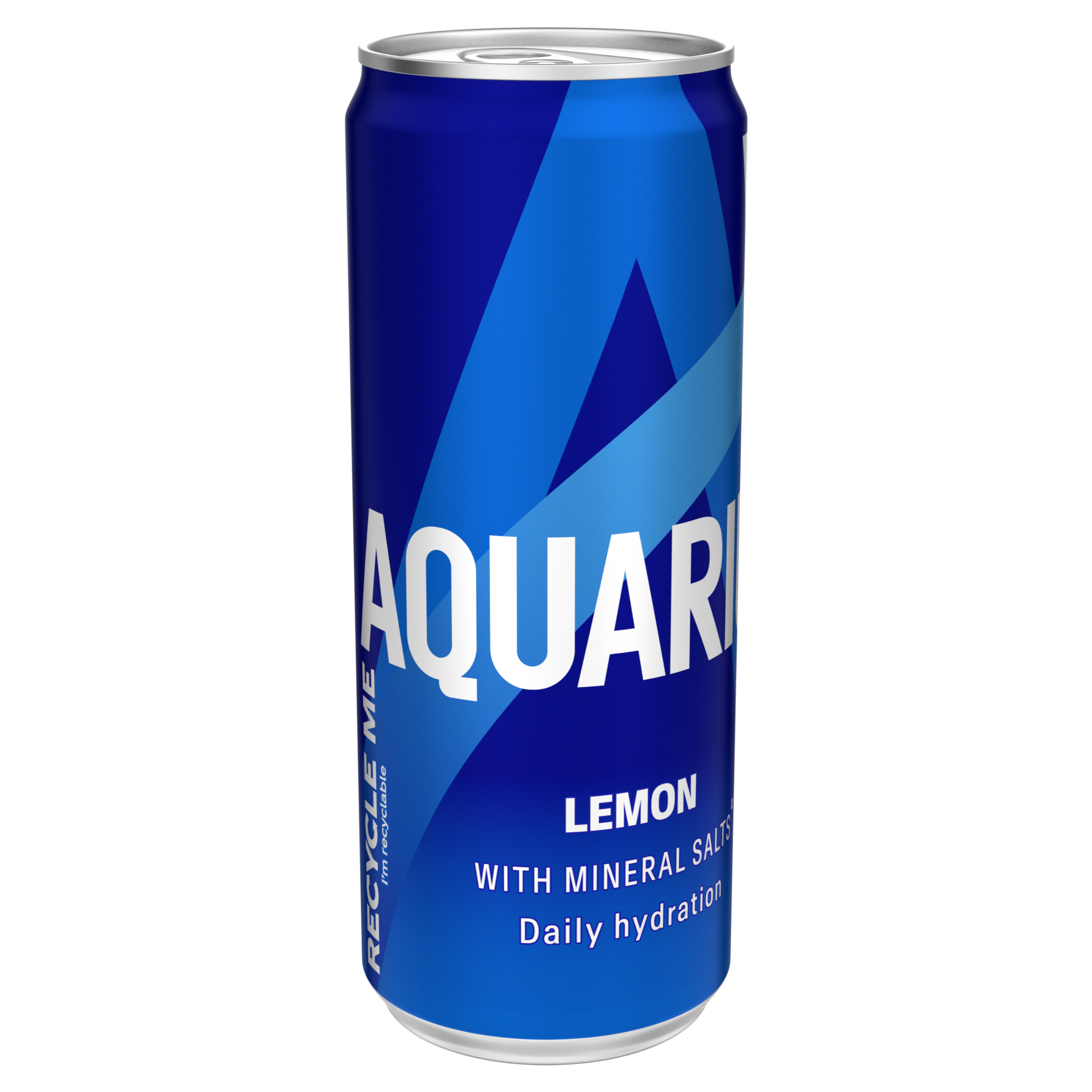 Bouteille transparente de boisson Aquarius "Lemon" avec liquide clair, bouchon bleu et étiquette bleue indiquant "Low Calories".