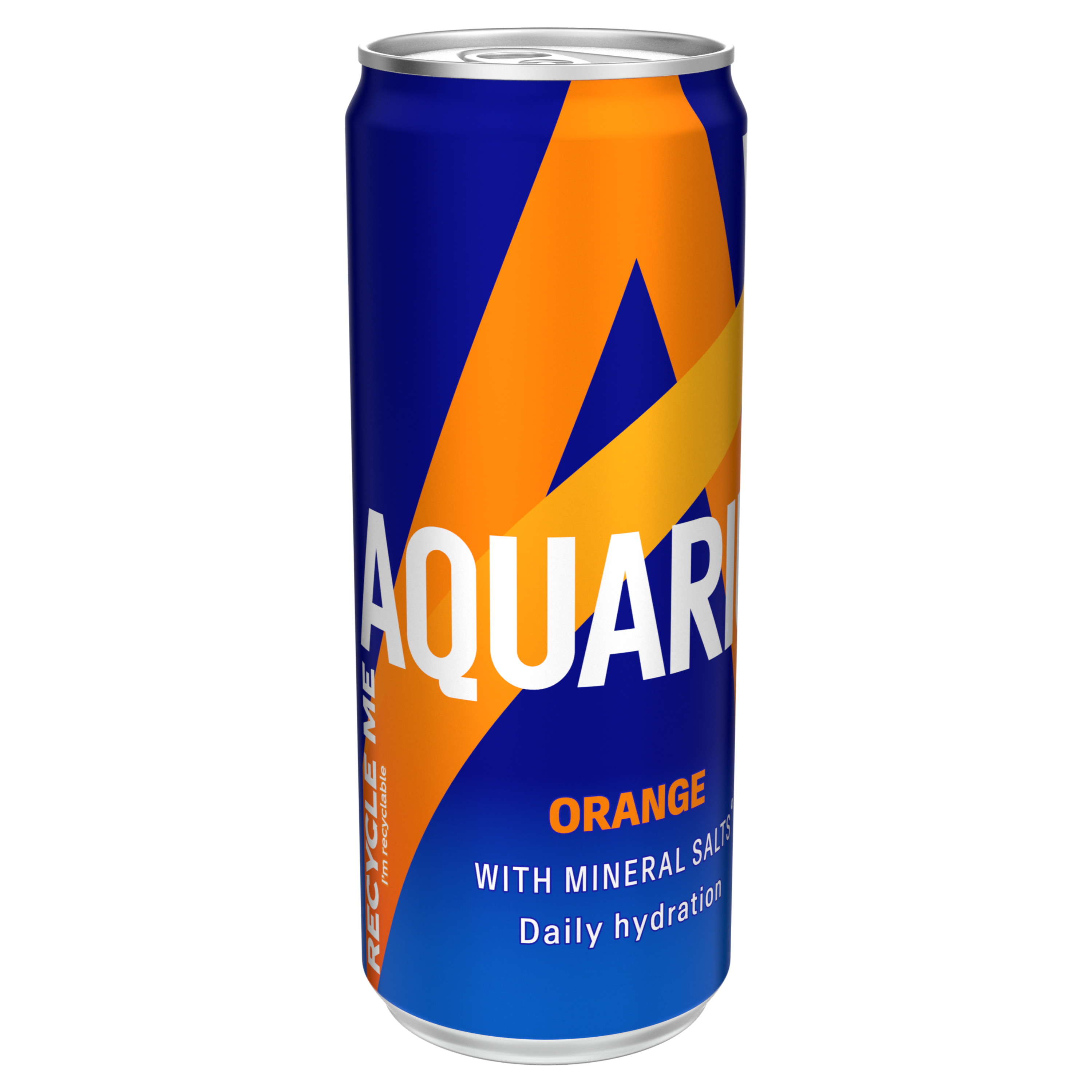 Bouteille orange de boisson Aquarius "Orange", avec bouchon bleu et étiquette bleue et orange indiquant "Low Calories".