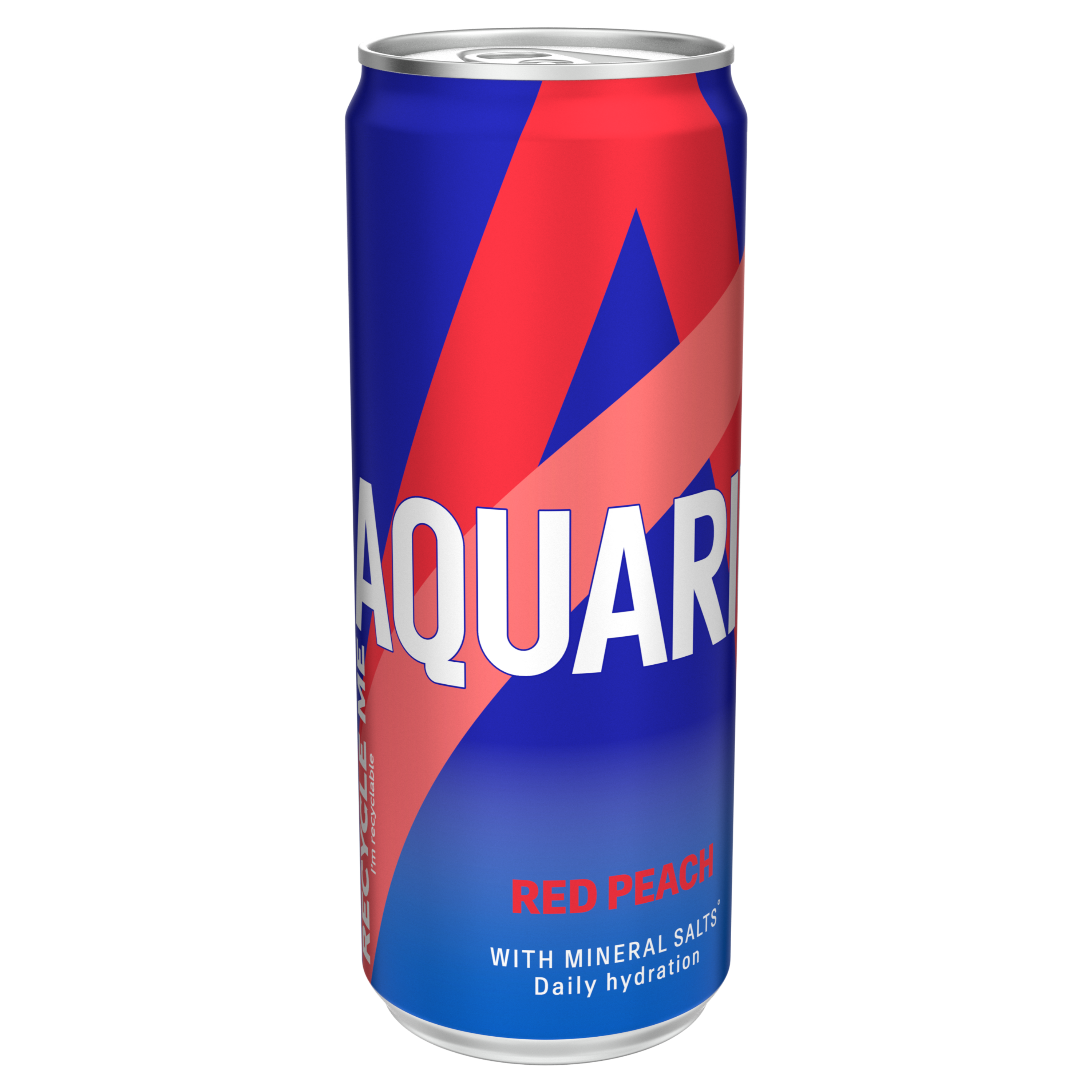Bouteille rouge de boisson Aquarius "Red Peach", avec bouchon bleu et étiquette bleue et rouge indiquant "Low Calories".