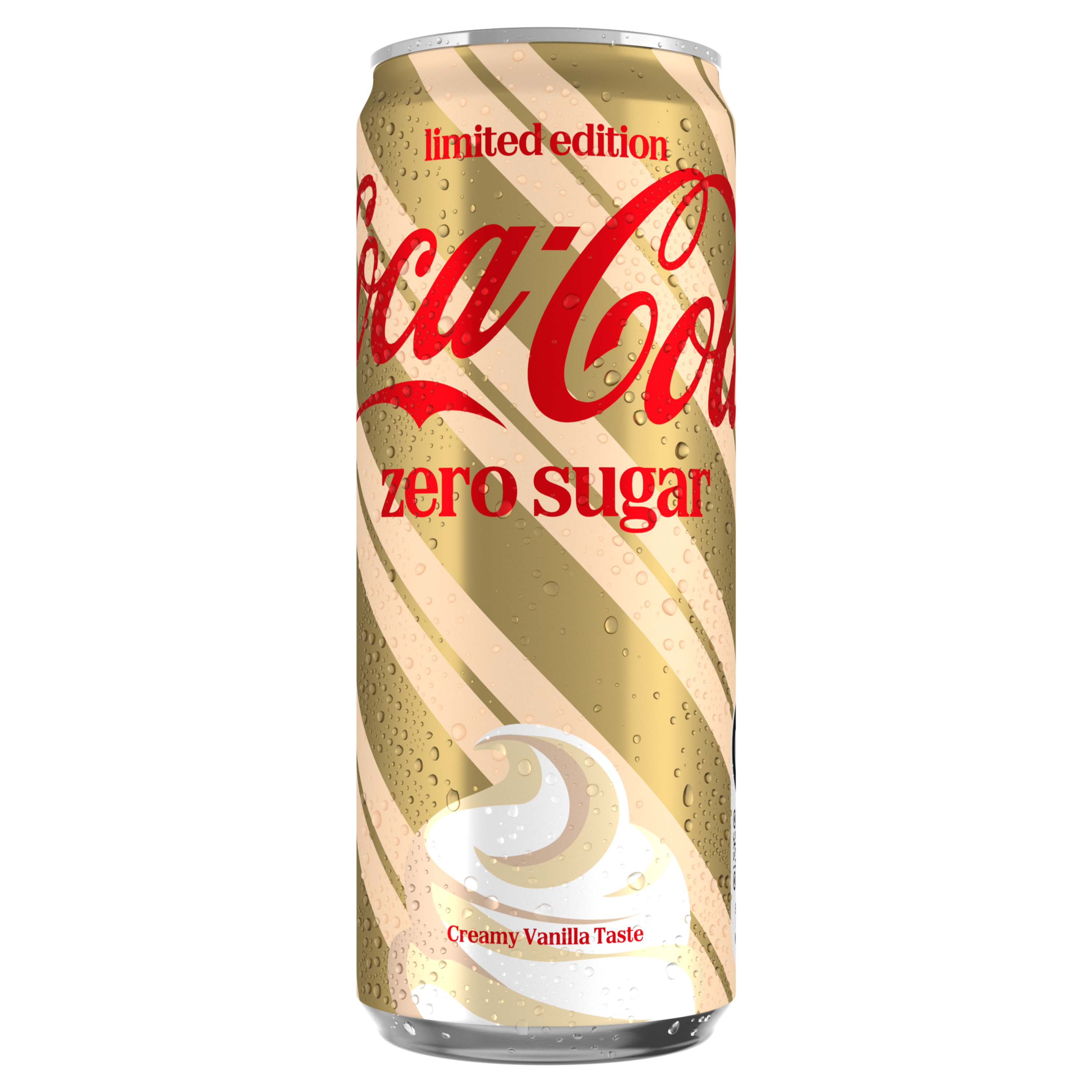 Canette de Coca-Cola Creamy Vanilla Zero Sugar avec un design doré et le logo Coca-Cola en lettres rouges. La canette est recouverte de gouttelettes de condensation et présente, en bas, un tourbillon blanc de vanille avec le texte « Goût Vanille Crémeuse ».
