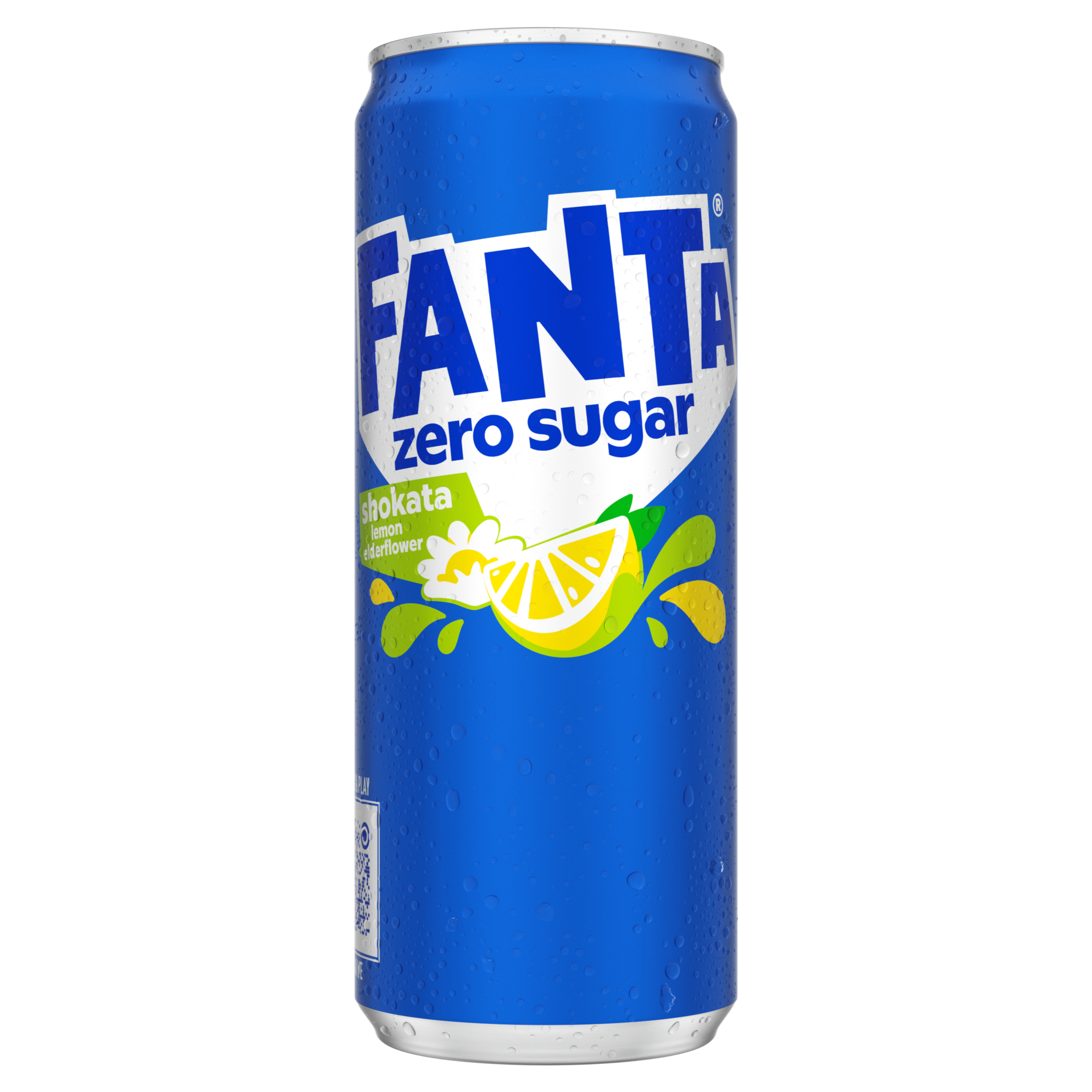 Image d’une canette bleu vif de Fanta Zero Sugar Shokata, avec des illustrations d’un quartier de citron et de fleurs de sureau, entourés d’éclaboussures jaunes et vertes. Le nom Fanta apparaît en grandes lettres blanches et bleues, avec la mention “zero sugar” en bleu. La canette est recouverte de petites gouttes d’eau.