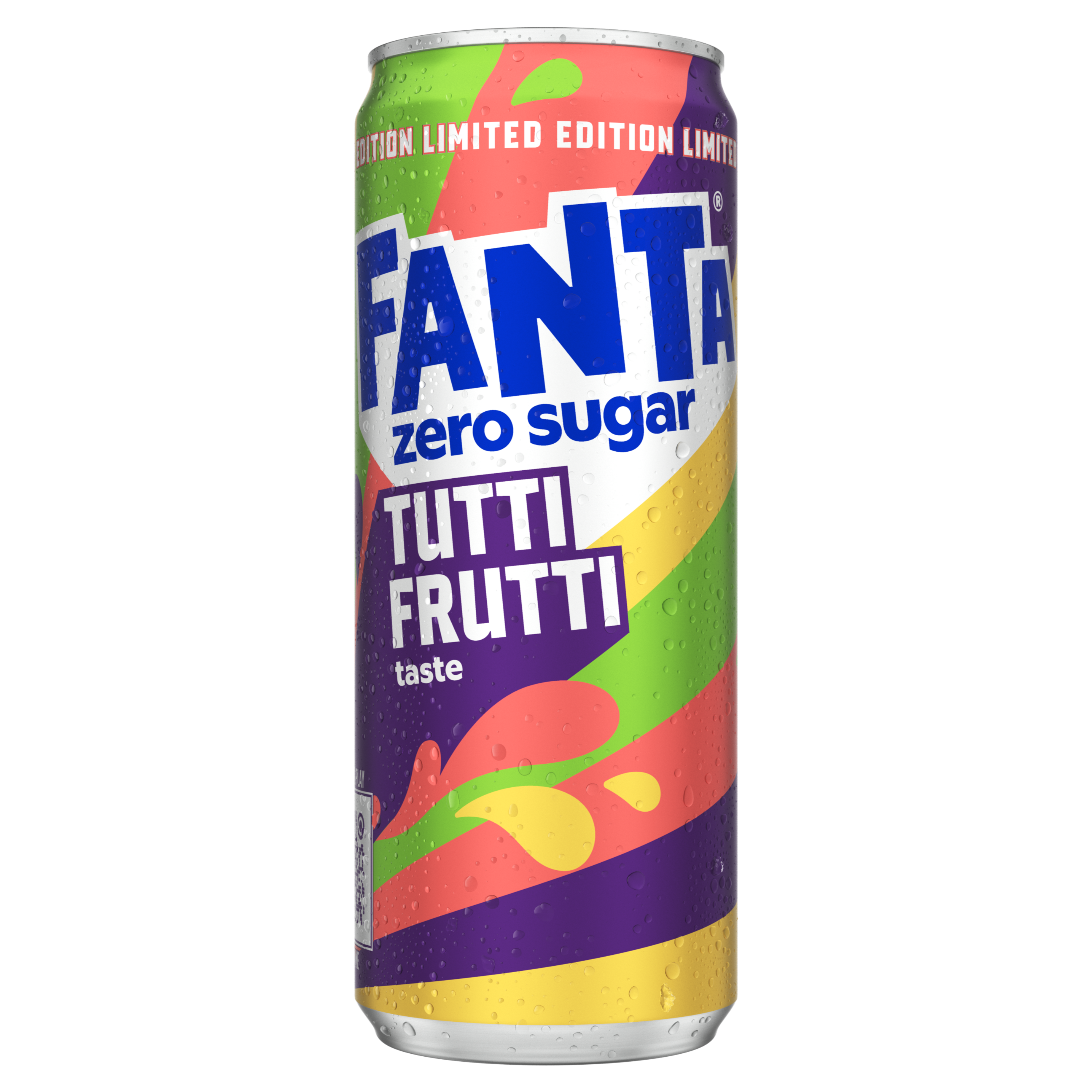 Fanta Tutti Frutti zonder suiker (Zero Sugar Tutti Frutti) limited edition, bontgekleurd design met strepen van geel, groen, rood en paars, die een explosie van fruitsmaken voorstellen.
