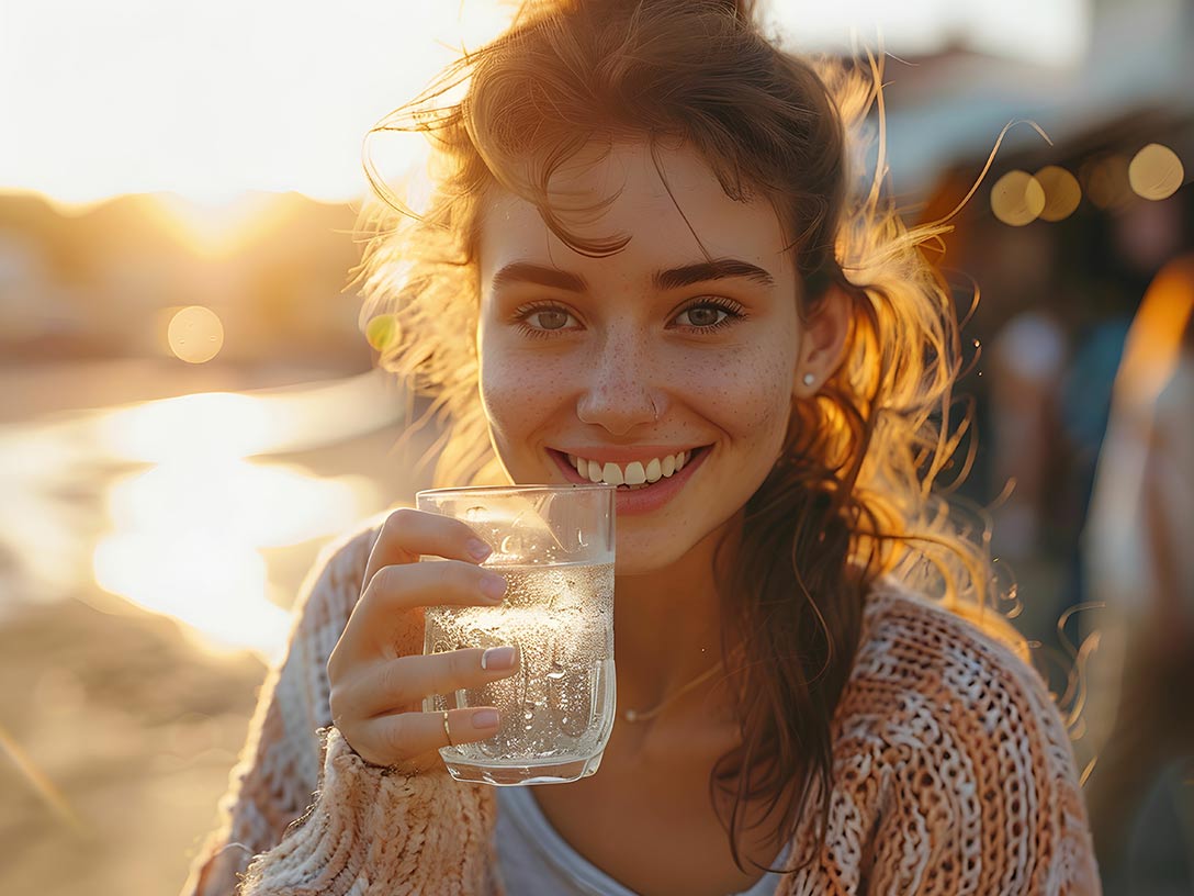 Jeune femme souriant et tenant un verre d'eau fraîche, arrière-plan flou et lumineux