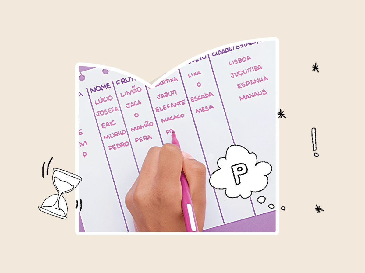 Mão preenchendo uma folha de jogo de palavras com categorias, ampulheta e balão de pensamento em desenho