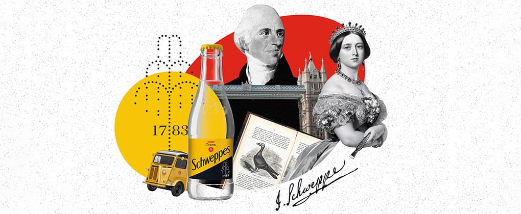 Калаж з бутэлькай Schweppes, лонданскім мастом і гістарычнымі выявамі