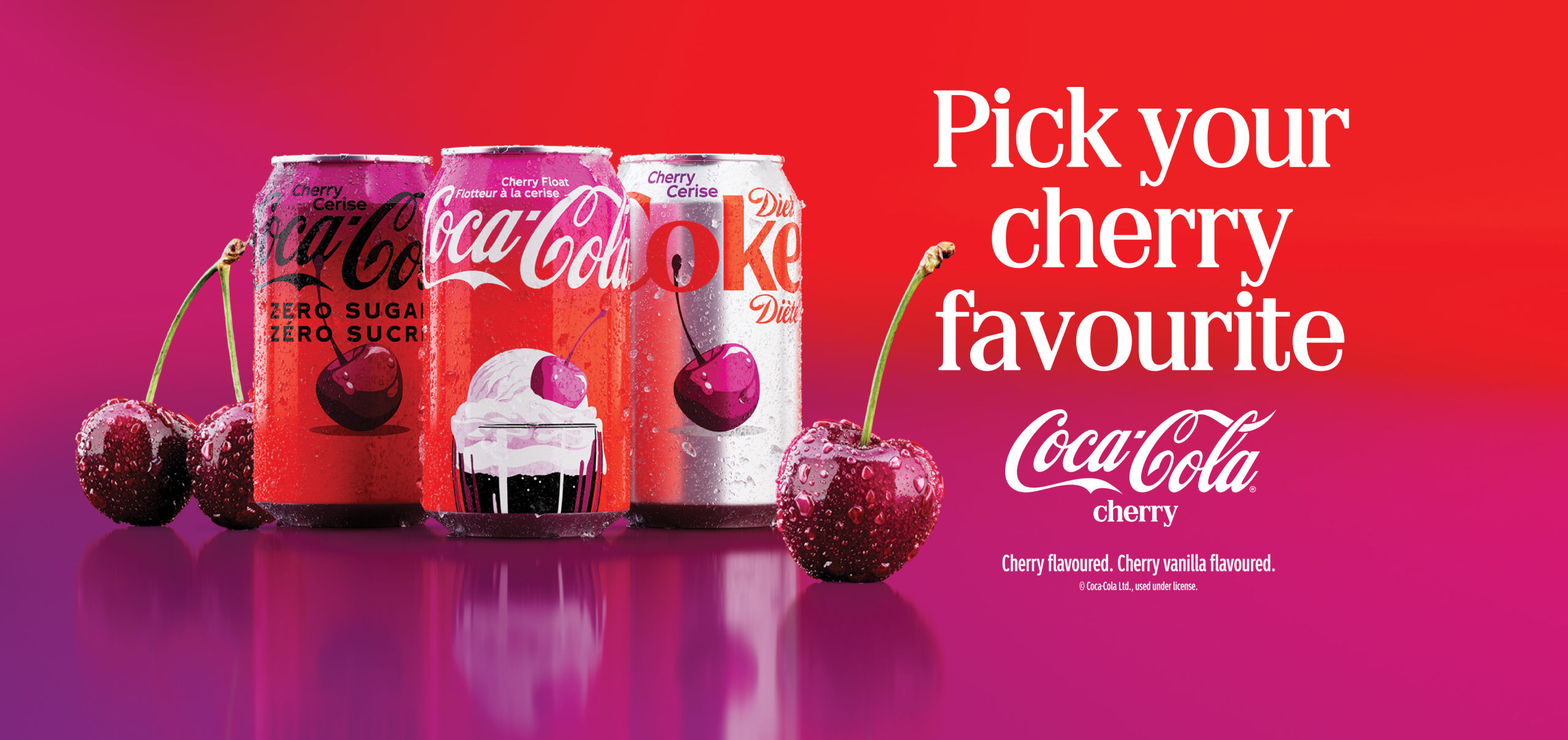 A graphic showing the three Cherry Coca-Cola cans (Zero Sugar, Cherry Float, Diet Coke Cherry) beside cherries on a red-to-purple background, with the headline "Pick your cherry favourite," the Coca-Cola cherry logo, the tagline "Cherry flavoured. Cherry vanilla flavoured," and a small copyright notice reading "© Coca-Cola Ltd., used under license."