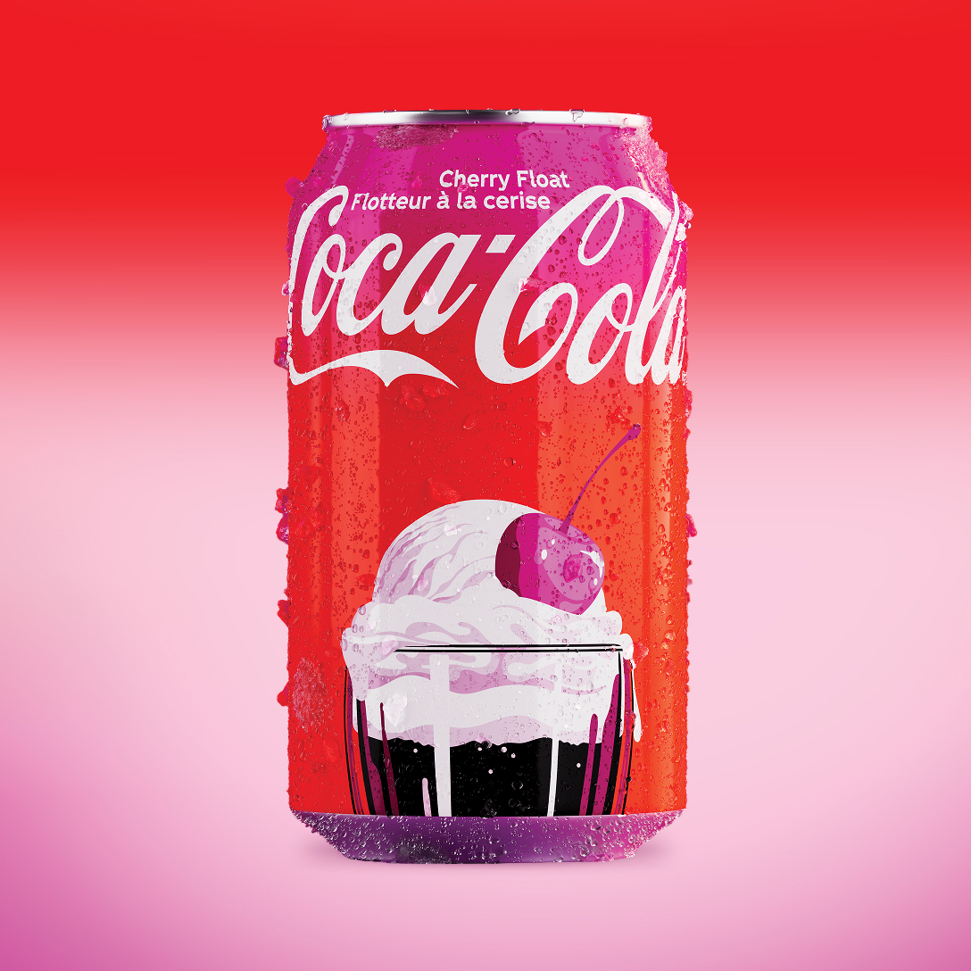 A close-up of a single Coca-Cola Cherry Float can against a red gradient background, showing bilingual English/French labelling ("Cherry Float / Flotteur à la cerise"), an illustration of a whipped-cream float topped with a cherry, and condensation droplets on the can.