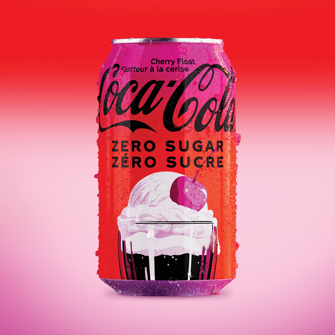 A close-up of a single Coca-Cola Cherry Float Zero Sugar (Zéro sucre) can against a red gradient background, with black text, an illustration of a whipped-cream float topped with a cherry, and visible condensation droplets.