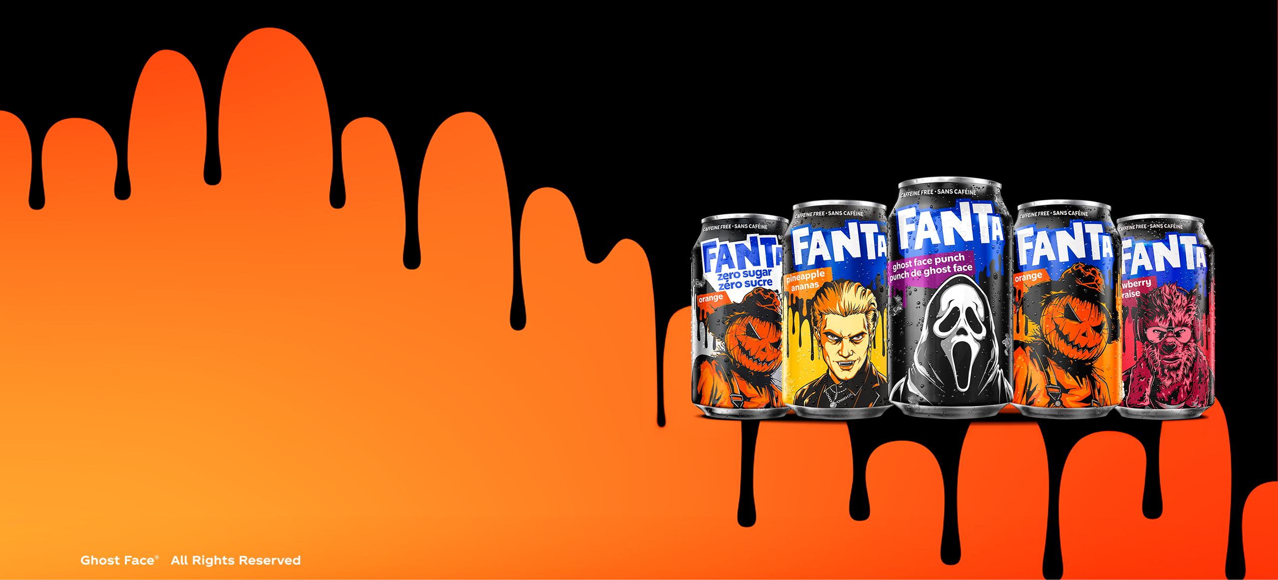 Limited edition Fanta Halloween cans from the Haunted Collection, featuring Fanta Orange, Fanta Grape, Fanta Exotic, Fanta Pineapple and Fanta Berry flavours.