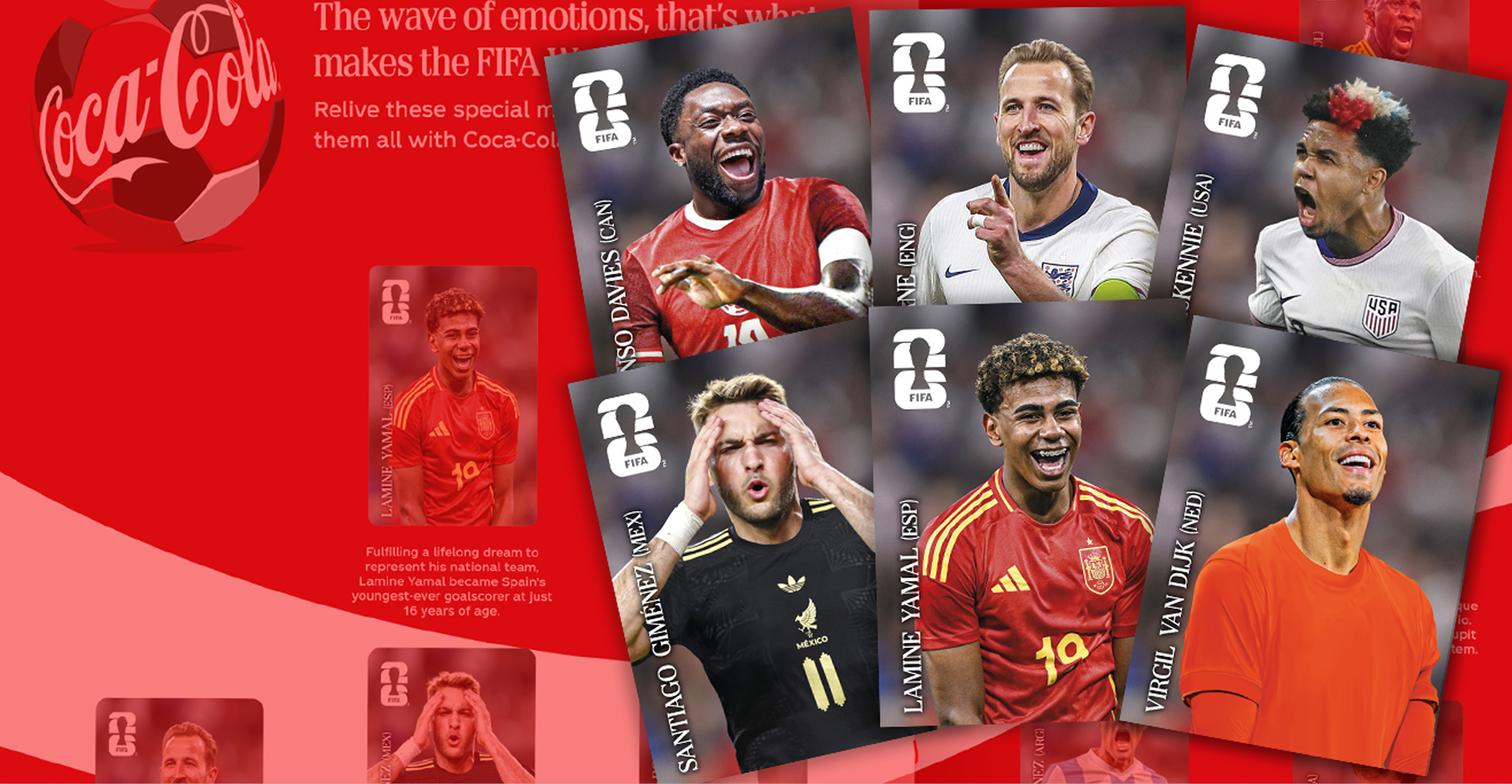 Coca-Cola FIFA World Cup collectible cards featuring emotional soccer stars like Alphonso Davies and Harry Kane.