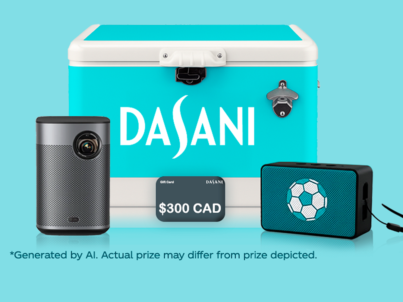 Dasani FIFA prize bundle with teal cooler, mini projector, soccer speaker and $300 CAD gift card on bright aqua background