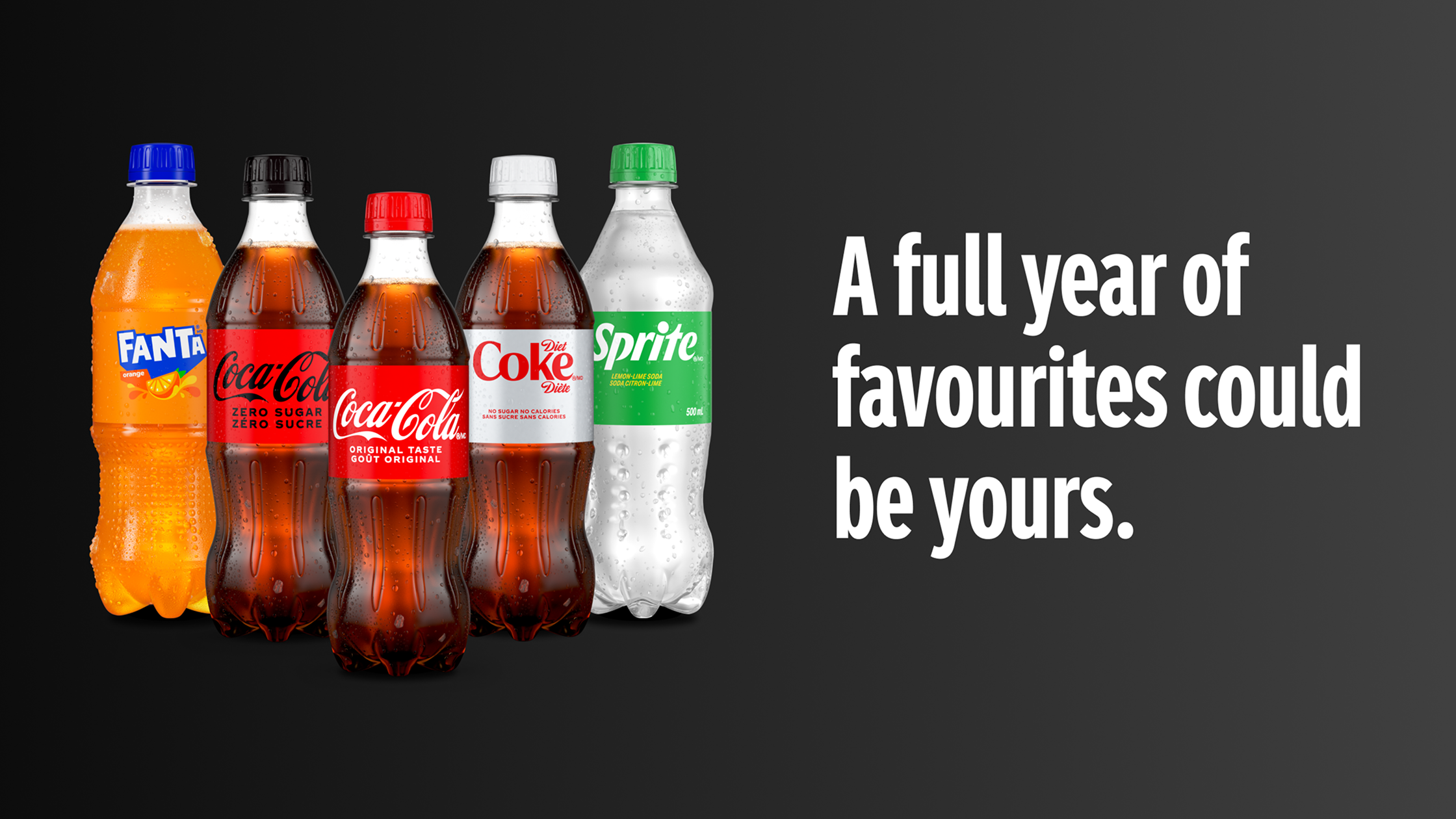 A full year of favourites promotion featuring bottles of Fanta, Coca‑Cola, Diet Coke, and Sprite.