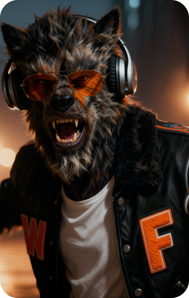 Howlie wearing sunglasses and a letterman jacket on a Fanta Halloween card.