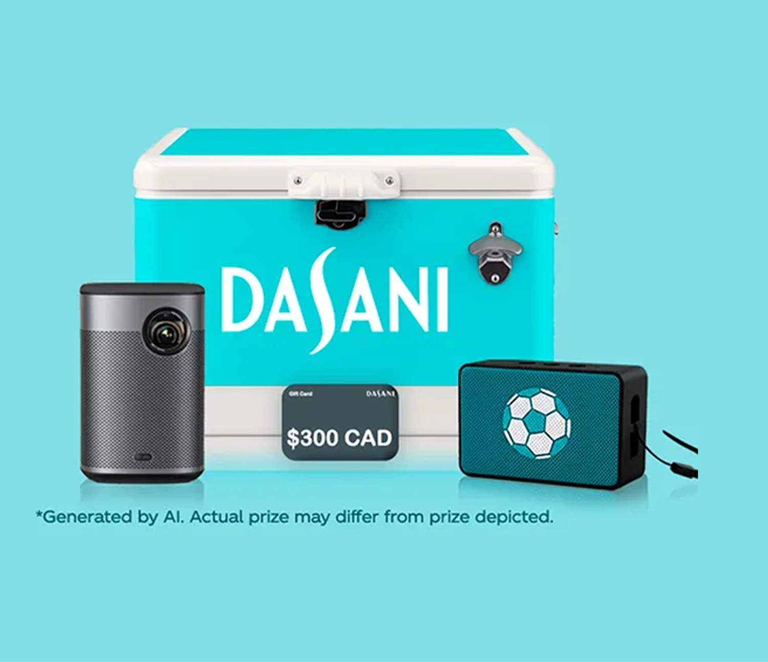 A Dasani prize pack for a soccer promotion, including a cooler, portable projector, speaker, and a $300 CAD gift card.