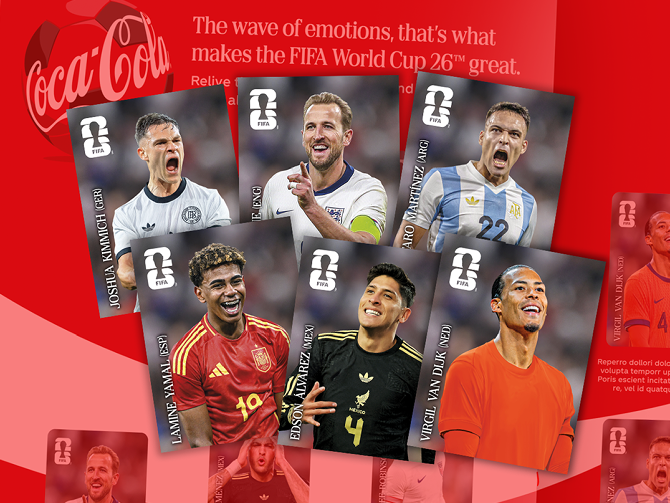 Collage of FIFA World Cup 26 Panini style player cards arranged on bold red Coca‑Cola background.