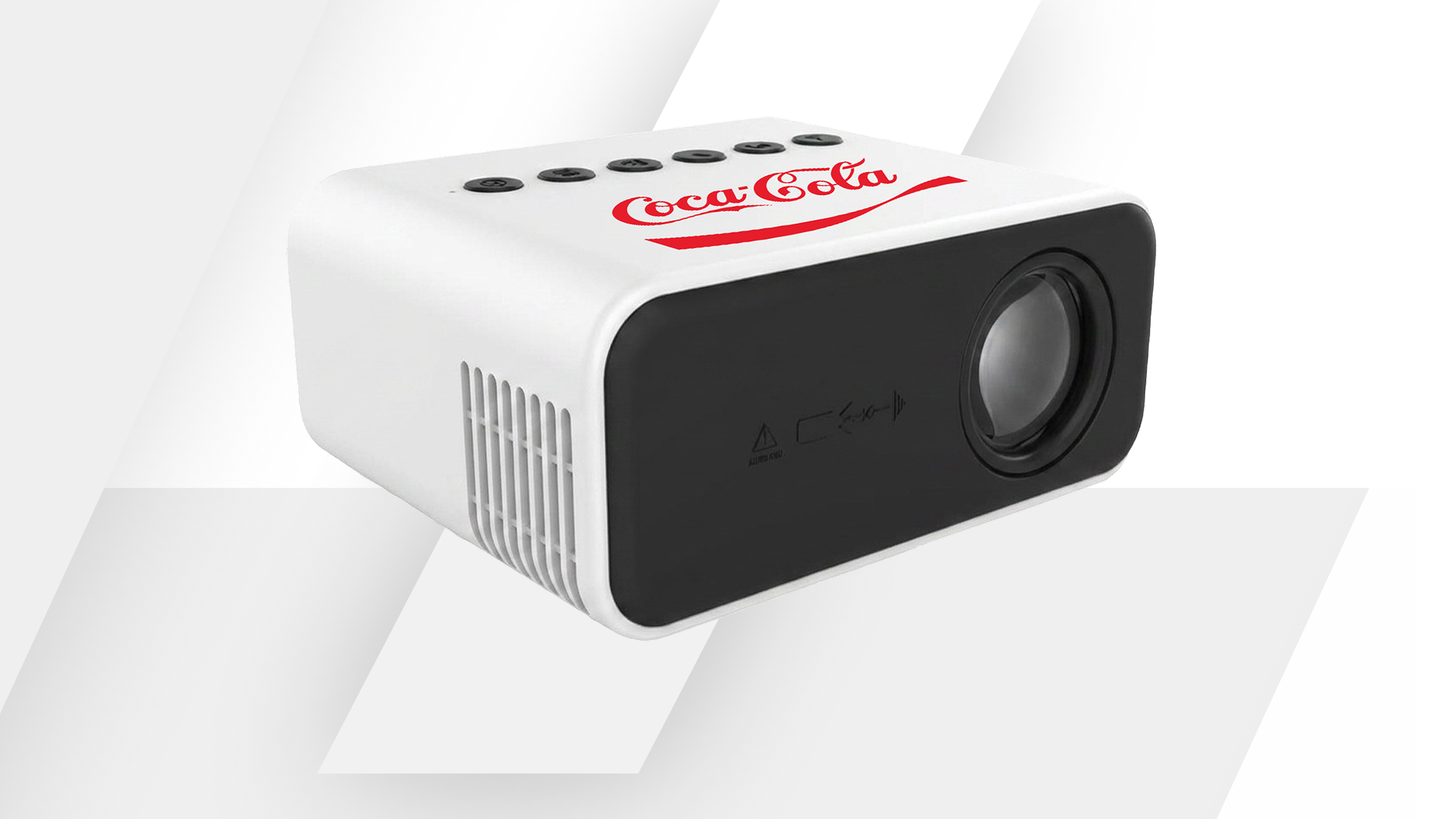 A white digital mini projector featuring the Coca-Cola logo for the hockey promotion.